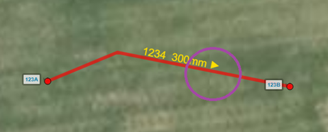 Before using the Flip Pipe tool, the map displays a highlighted pipe with its original flow direction indicated by an arrow. The surrounding map environment includes pits and other pipes shown in muted colors. The interface is neutral and functional, focusing on utility mapping. No visible text in the image.