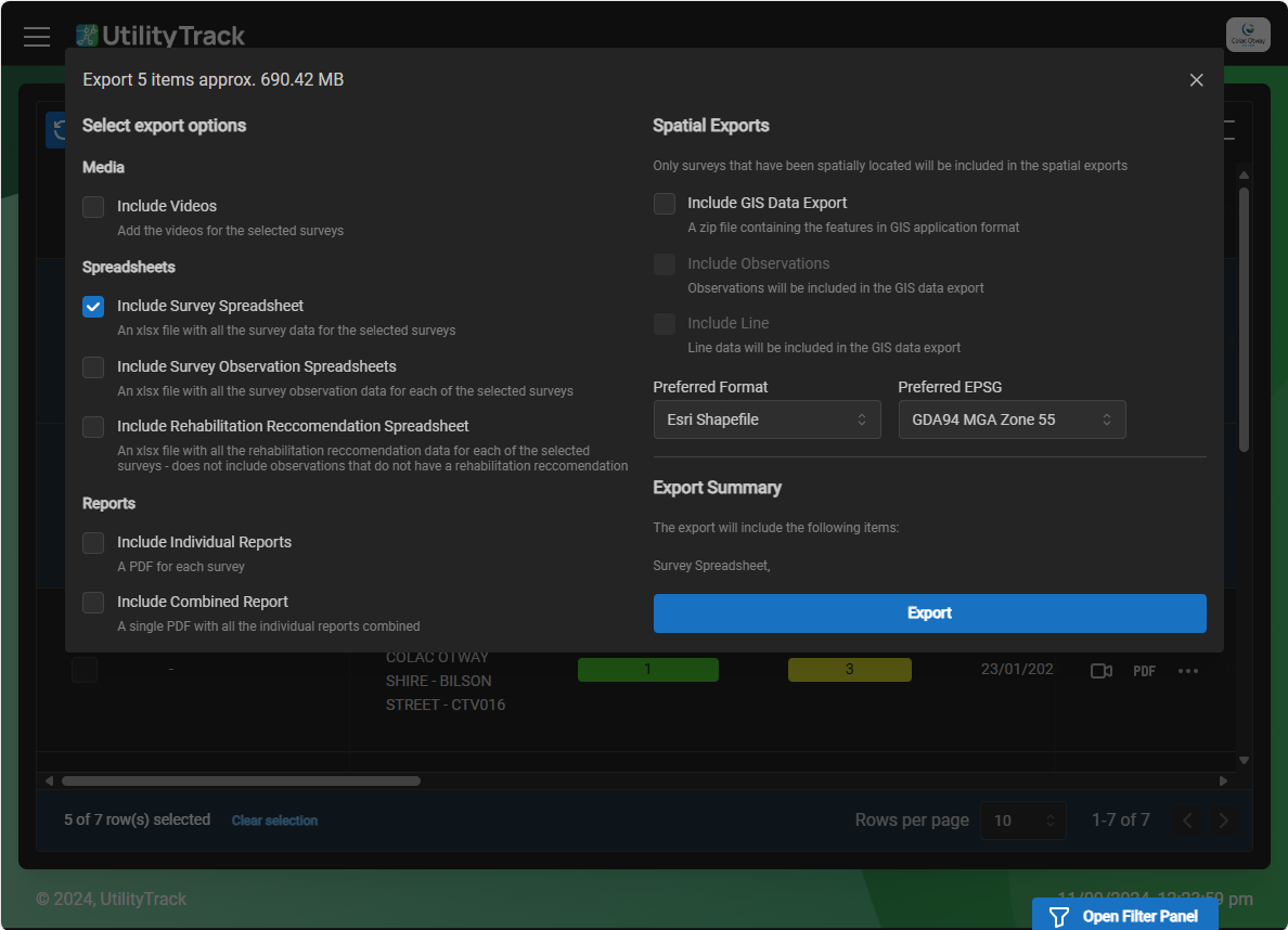 Export Data screen showing options on what to export